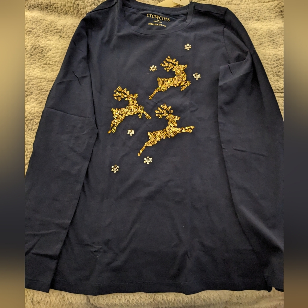 Crewcuts Navy Christmas Top with Gold Sequin Reindeer Size 12-14 Nwt